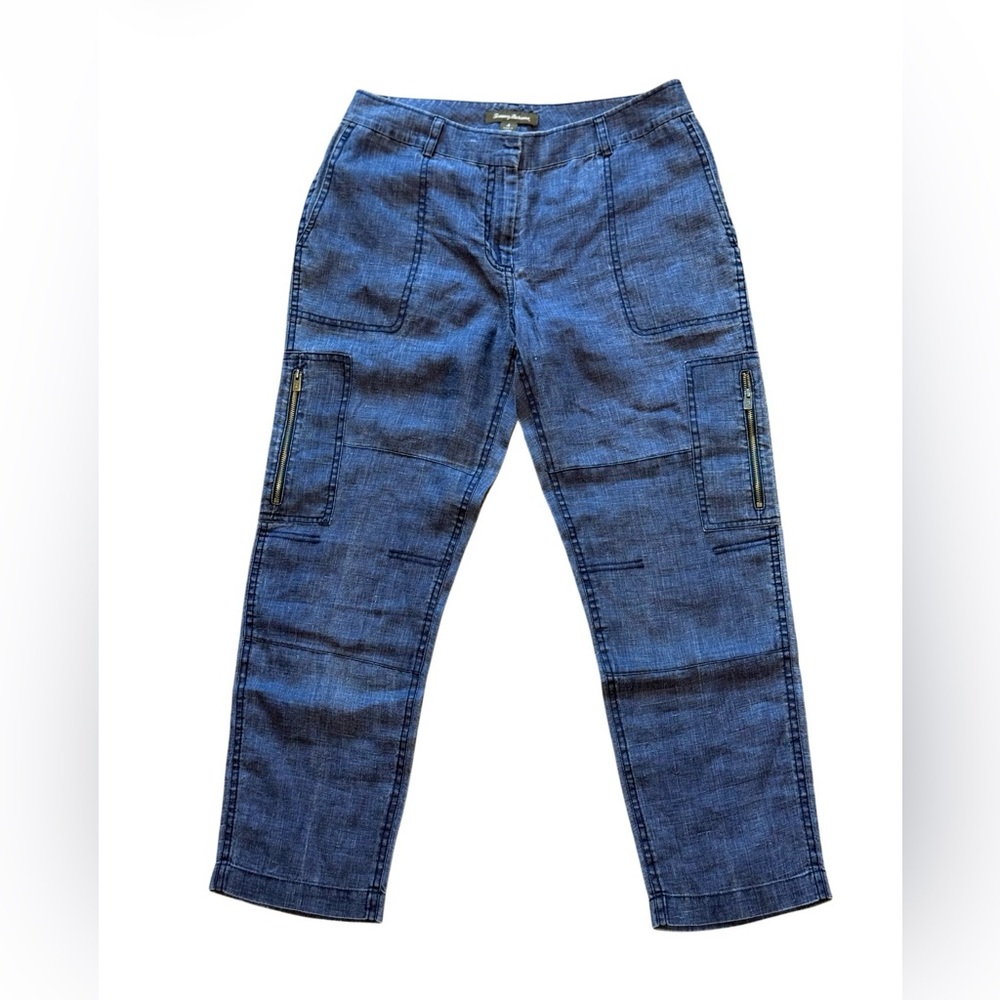Tommy Bahama 100% Linen Cargo Pants Women Size 4 Blue Zip Pocket